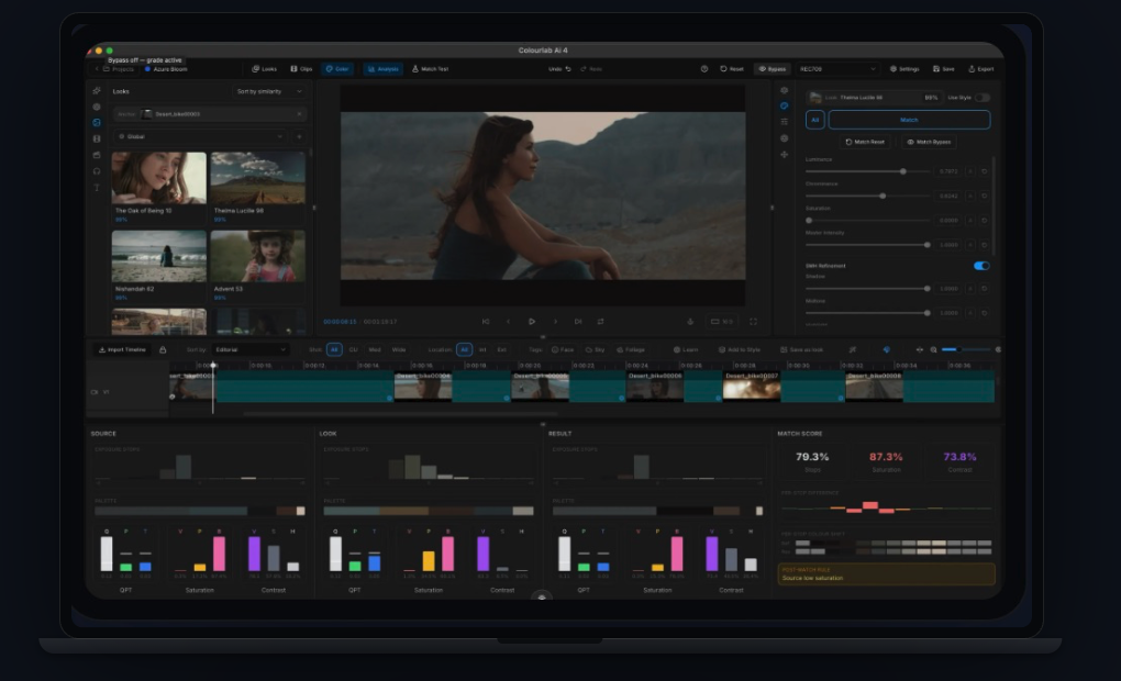 Colourlab AI 4 match interface showing source, look, and result histograms with match scores