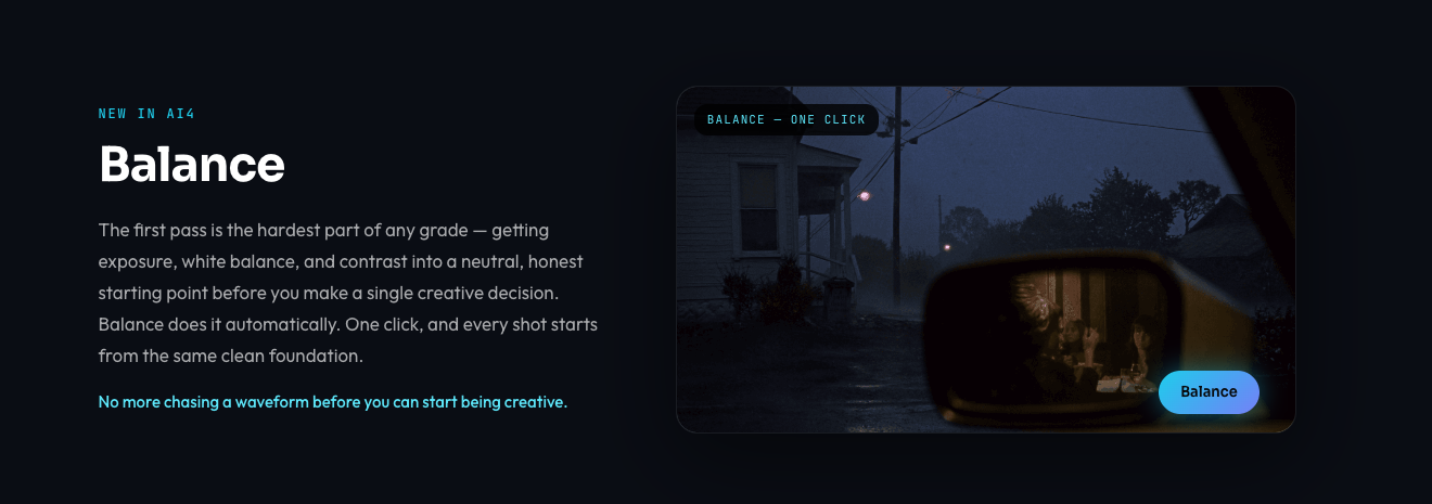 Colourlab AI 4 Balance tool applying a one-click neutral grade to a night driving shot